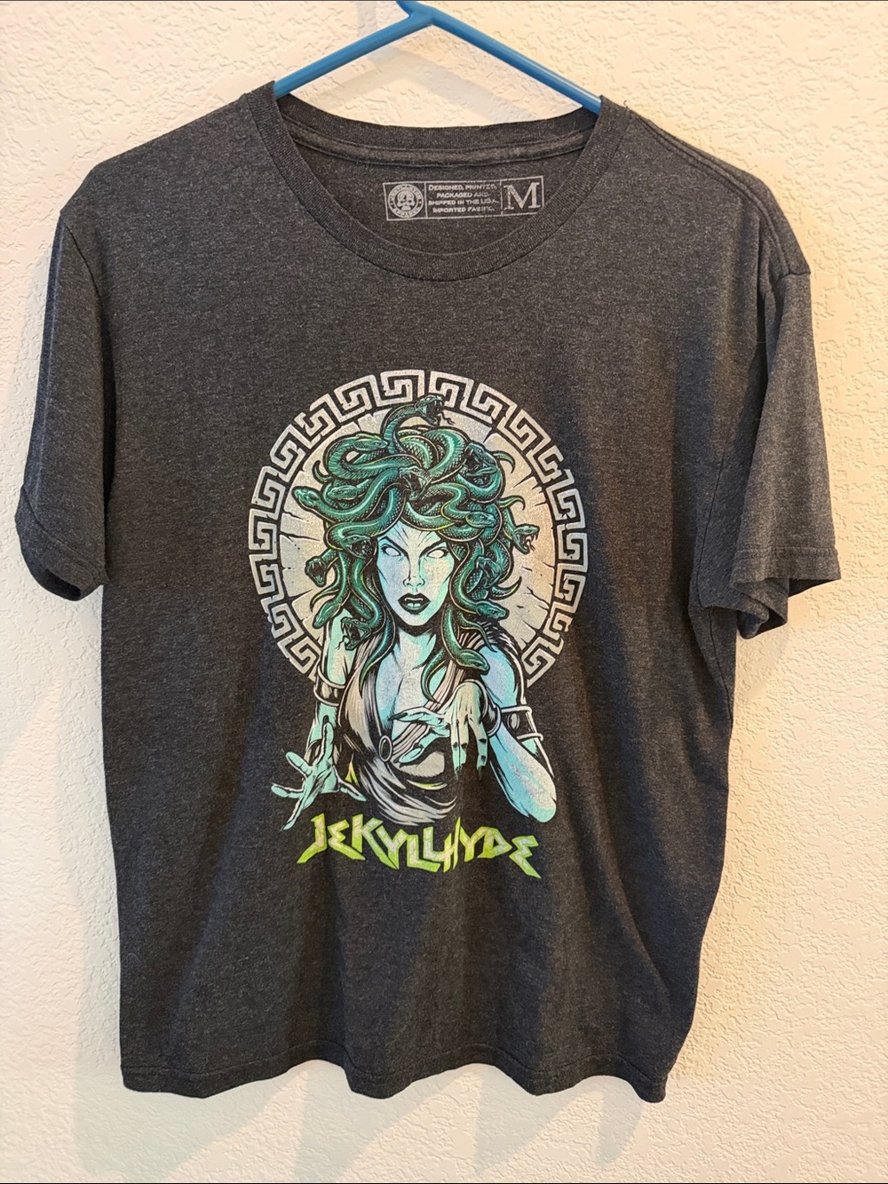 Jekyll Hyde brand Women’s Dark Gray Medusa Graphic Tee with Green Accents